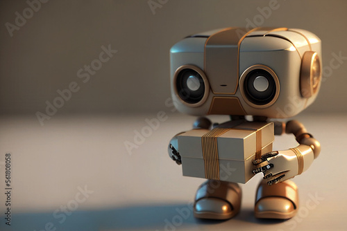 Cute robot holds gift box with copy space. Funny robot with present for holiday. Created with Generative AI