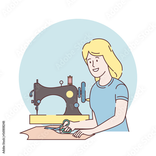 Tailor creating outfit and apparel on vintage sewing machine. Smiling woman seamstress with scissors in hand. Happy female designer or dressmaker ready for clothes creating. Vector flat illustration.