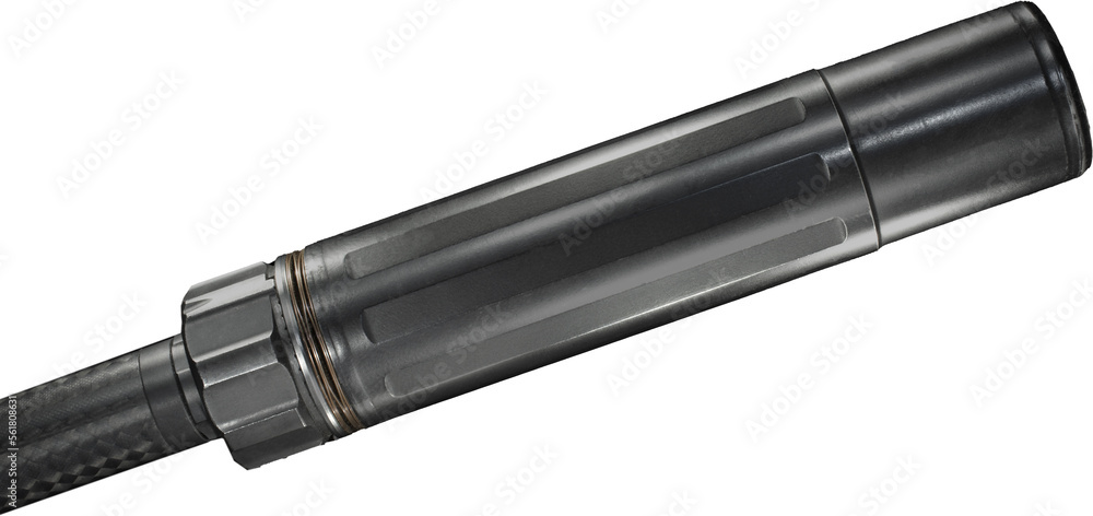 Silencer mounted on a rifle barrel Silencer mounted on a rifle barrel