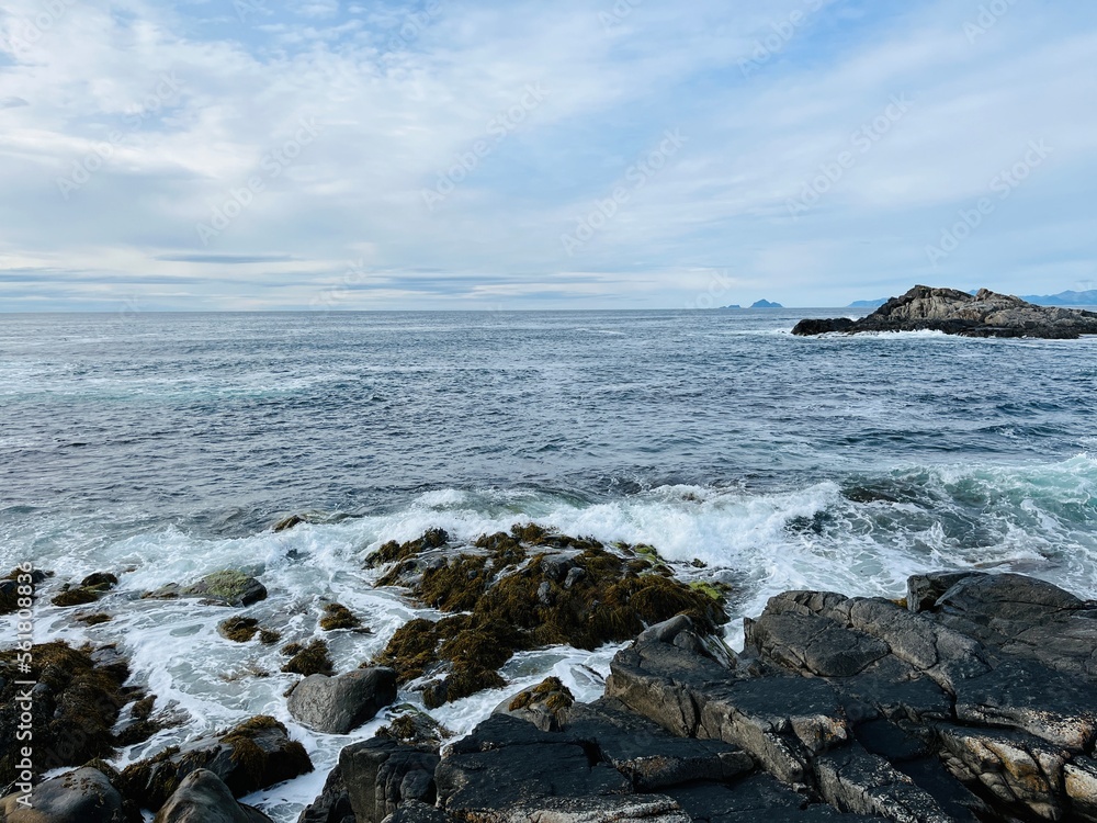 Amazing rocky ocean bay, rocky coast, huge stones, seascape, cloudy sky, Nordic seascape