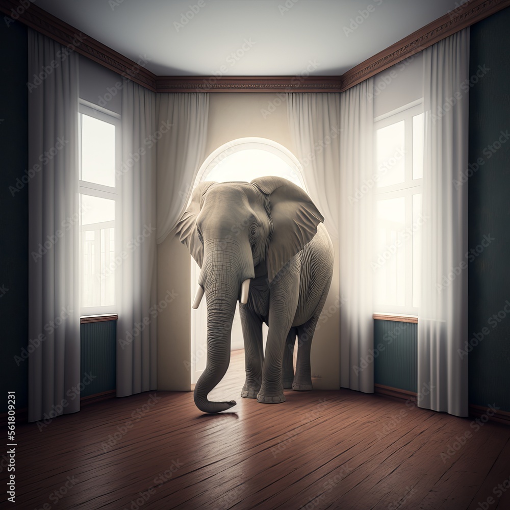 Metaphorical idiom of the elephant in the room. Concept for controversial issue that everyone knows about but no one wants to discuss. Generative AI. 
