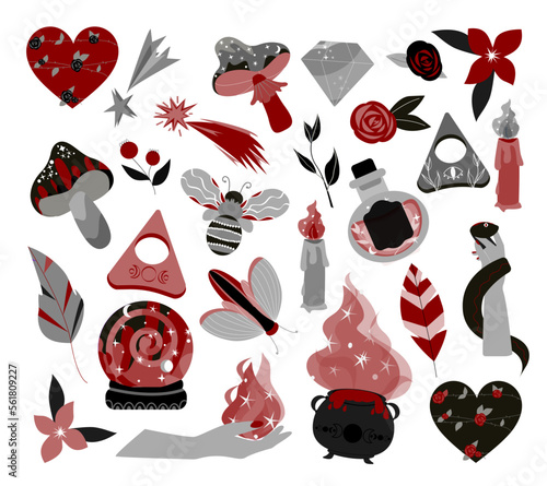 Witchcraft set. Hand drawn gothic mystery collection. Magic objects in red-black-gray colors isolated on white background .