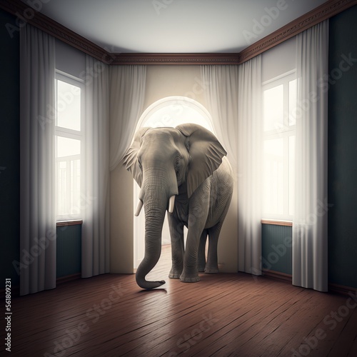 Metaphorical idiom of the elephant in the room. Concept for controversial issue that everyone knows about but no one wants to discuss. Generative AI. 