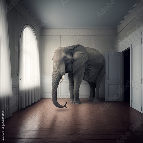Metaphorical idiom of the elephant in the room. Concept for controversial issue that everyone knows about but no one wants to discuss. Generative AI. 