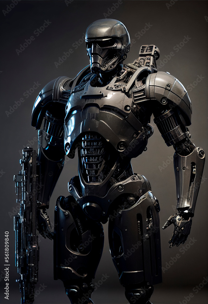 Fototapeta premium Robots. Soldier Robot hyper realistic. Conceptual project 2025. Futuristic interpretation. Illustration for advertising, cartoons, games, blockbusters, print media. My collection.