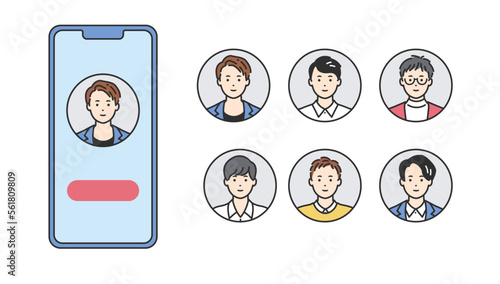 【丸背景】スマートフォンとオフィスカジュアルの男性人物アバター