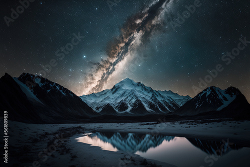 View of the Southern Alps mountain at night and the starry sky. Generative AI