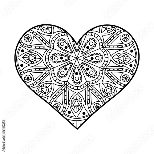 Vector heart linear illustration with floral pattern. Outline mandala ornaments on white. Valentine's Day coloring page