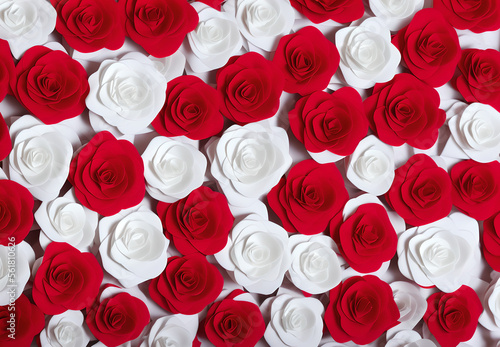 Illustration of curved origami red and white roses tightly placed on white background  Generative AI photo