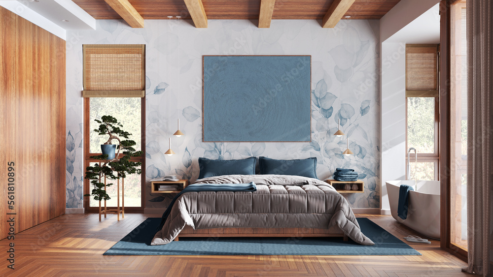 Modern wooden bedroom with bathtub in white and blue tones. Double bed ...
