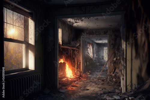 Interior of a home damaged by fire. Generative AI