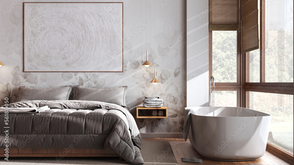 Minimalist wooden bedroom with bathtub in white and beige tones, close ...