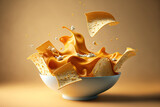 Vertical cheesy nachos or tortilla chips float above the bowl. Generative AI