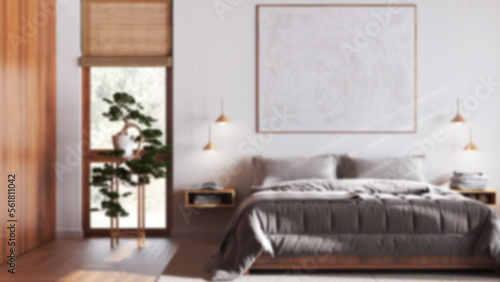 Blurred background  bohemian wooden bedroom close up. Double bed  pine bonsai  parquet floor and wallpaper. Japandi interior design