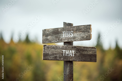 vintage and rustic wooden signpost with the weathered text quote this that, outdoors in nature. blurred out forest fall colors in the background.