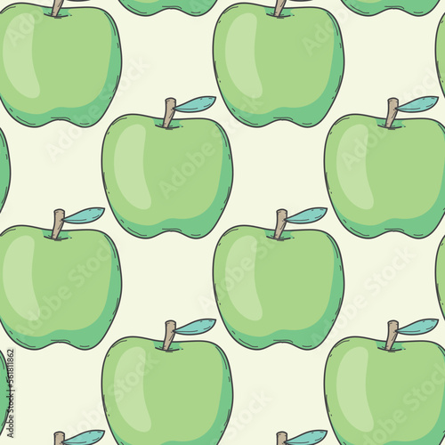 Seamless pattern green apple
 line doodle hand drawing abstract isolated on yellow background