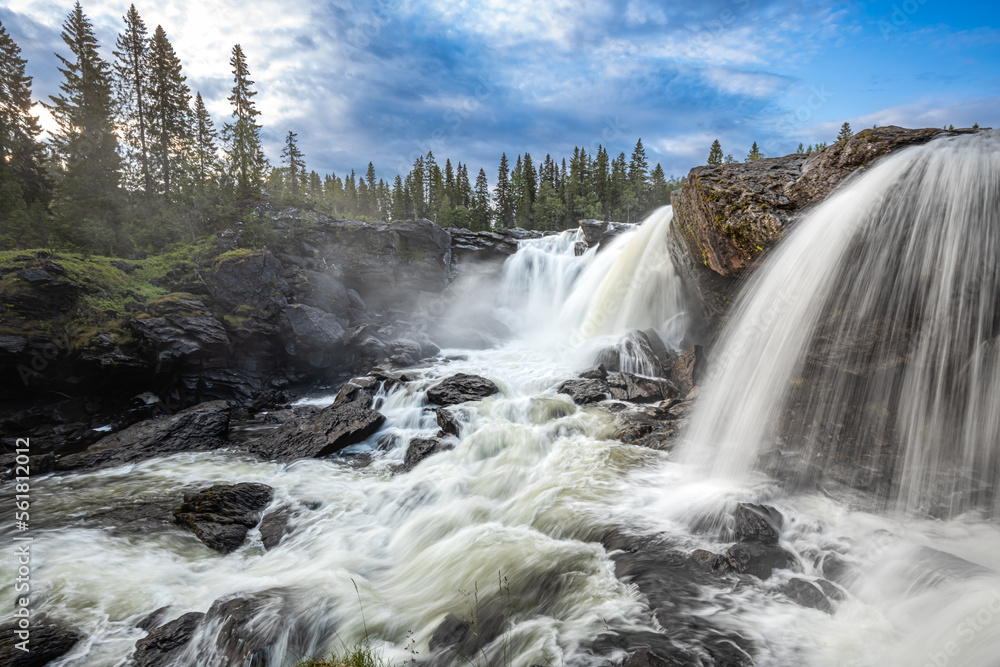 Ristafallet waterfall in the western part of Jamtland is listed as one of the most beautiful waterfalls in Sweden. Ristafallet waterfall in the western part of Jamtland is listed as one of the most beautiful waterfalls in Sweden.