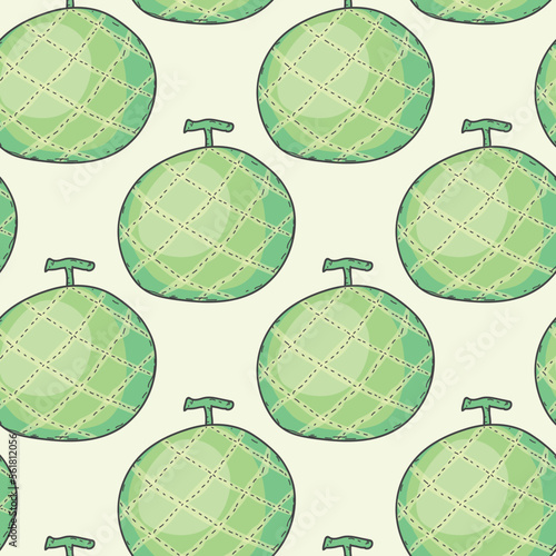 Seamless pattern green melon line doodle hand drawing abstract isolated on yellow background