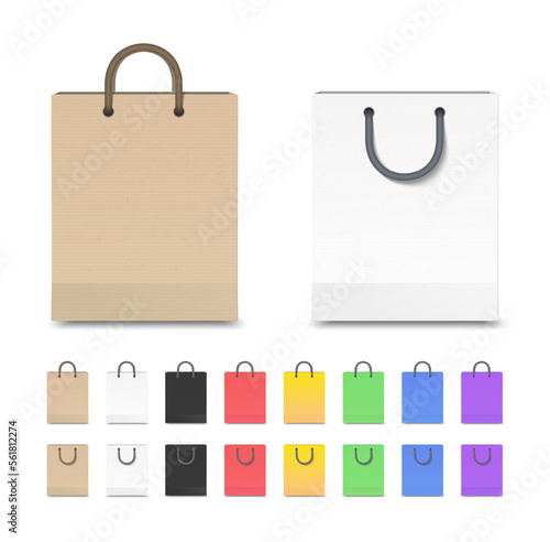 Realistic detailed shopping bag with string handle. Color paper, cardboard textures set. Mockup for online shop, market, commerce and retail. 3d Vector illustration