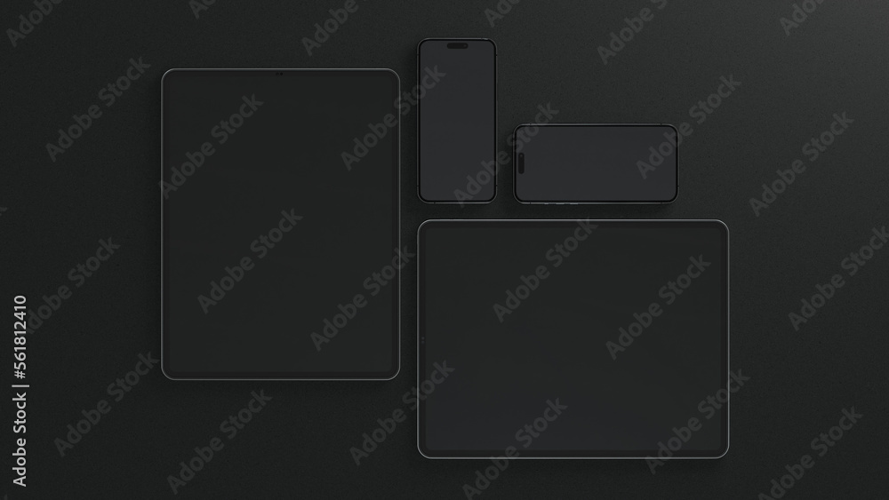 Black apple devices on a dark background. iPad Pro M2 2023 and iPhone
