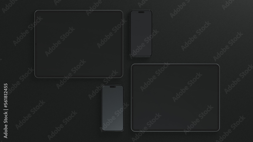 Black apple devices mockup on dark background. Black iPad and iPhone