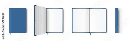 Blank blue book or notepad mockup. Notebook and bookmark template in different views isolated on white background, transparent shadows. Realistic blank booklet cover, brochure surface 3d vector set.