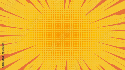 Comic background. Pop art texture. Starburst cartoon style. Manga anime design with explosion or action effect for print. Orange backdrop with halftone gradient. Funny line frame. Vector illustration 