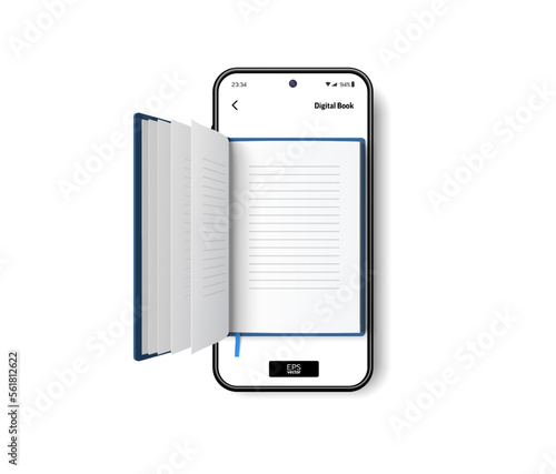 Open paper book on screen of mobile phone. Digital literature for learning and reading online. 3D Realistic vector illustration on white background. Education, electronic library, knowledge concept