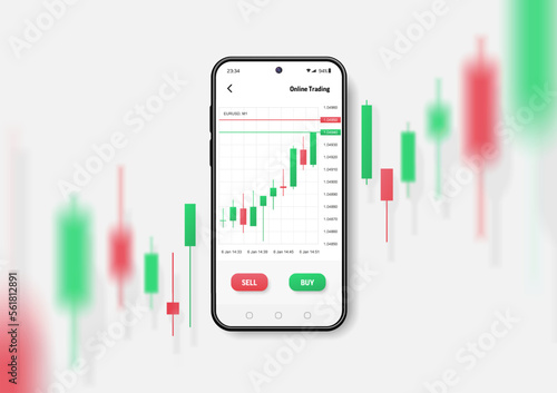 Realistic smartphone mockup. 3d candlestick chart of stock sale and buy. Market investment, online trade on mobile phone. Vector transparent shadow, blur effect. Business application interface design.