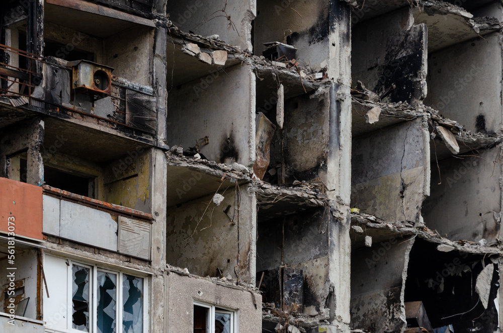 destroyed and burned houses in the city Russia Ukraine war