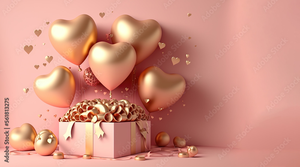 Valentines Day background. Pink and gold hearts foil balloons with gifts. Greeting card template with copy space.	