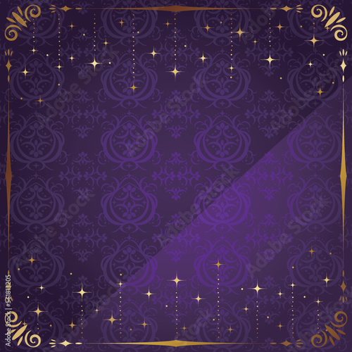 降り注ぐキラキラとダマスク模様の背景　正方形　パープル＆ゴールド