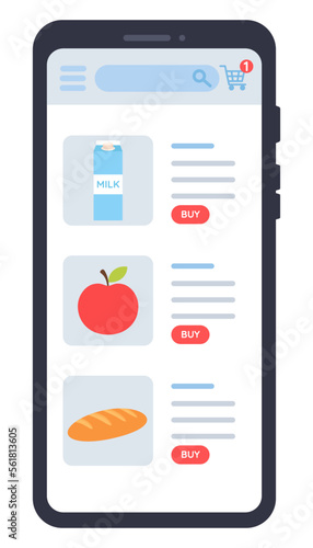 Online grocery shopping. Buying grocery food products in mobile app on smartphone screen online shopping.  