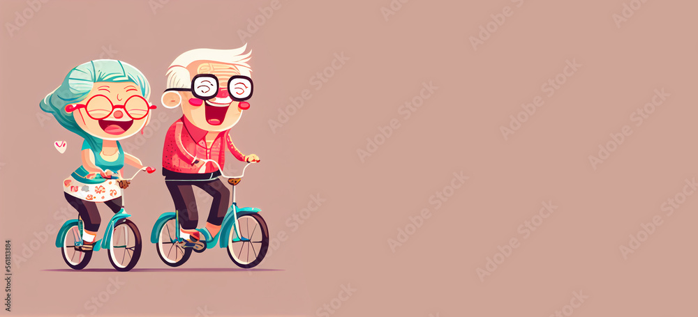 Banner with cute elderly couple riding bicycles with copy space. Generative AI. Banner with cute elderly couple riding bicycles with copy space. Generative AI.