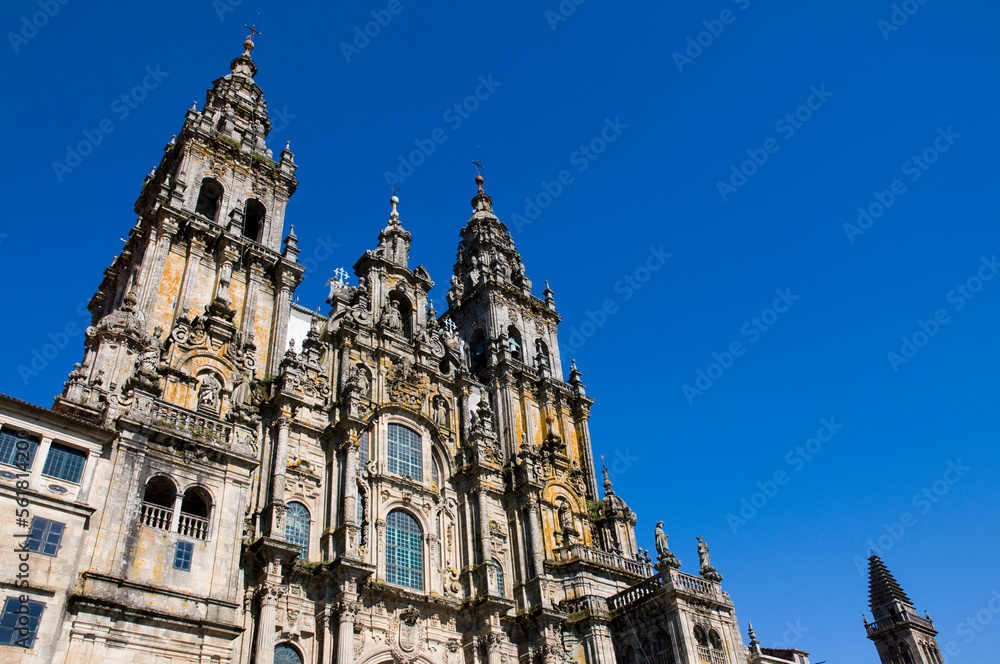 Fototapeta premium extreme wide angle looking up at the front of the cathedral. Santiago de Compostela, Spain