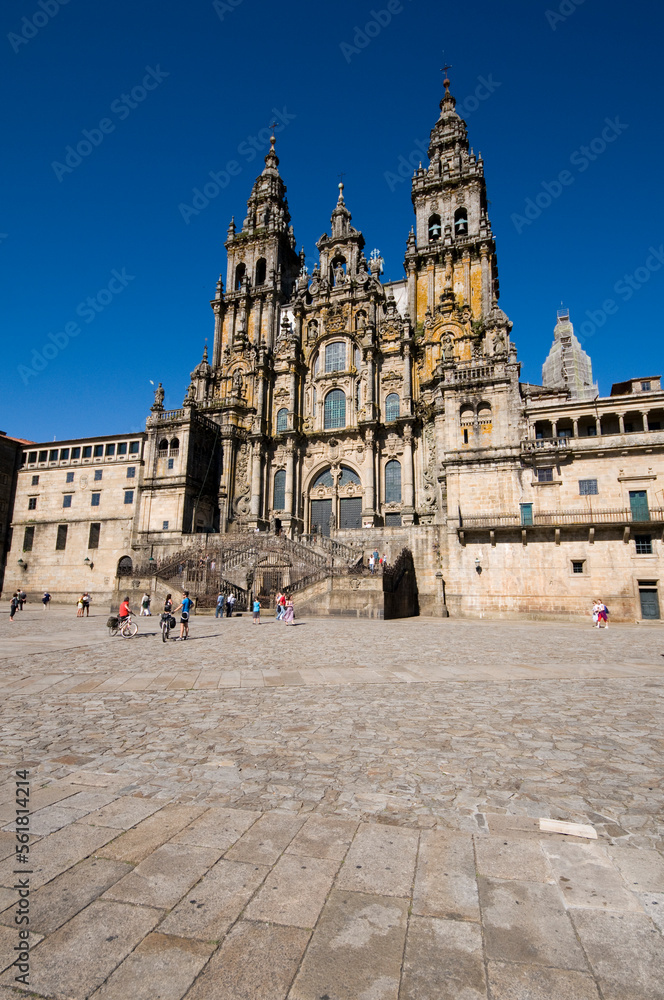 extreme wide angle looking up at the front of the cathedral. Santiage de Compostela, Spain