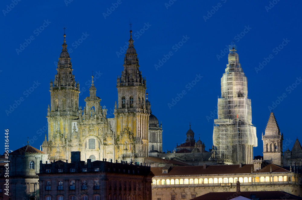 Night scene, Skyline of Santiage de Compostela with lit cathedral,