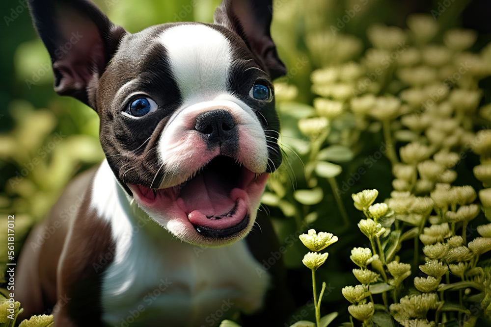 Boston Terrier puppy playing in the garden, cute dogs, Generative AI