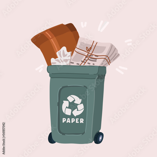 Vector illustration of throwed papers in recycle bin. Paper recycling, segregate waste, sorting garbage, eco friendly, concept.