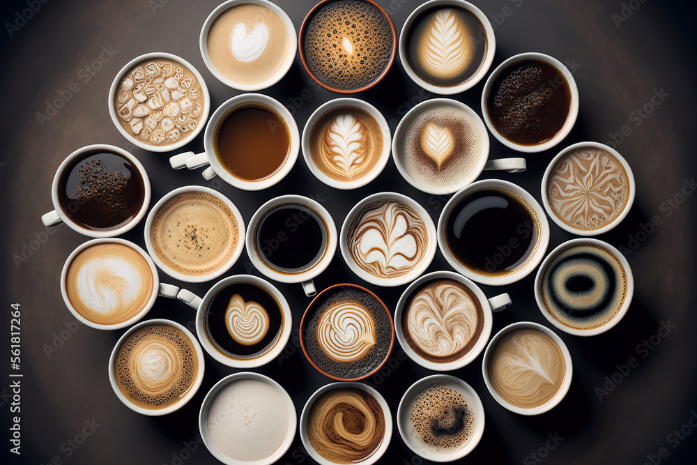 view from above of many coffees. Generative AI view from above of many coffees. Generative AI