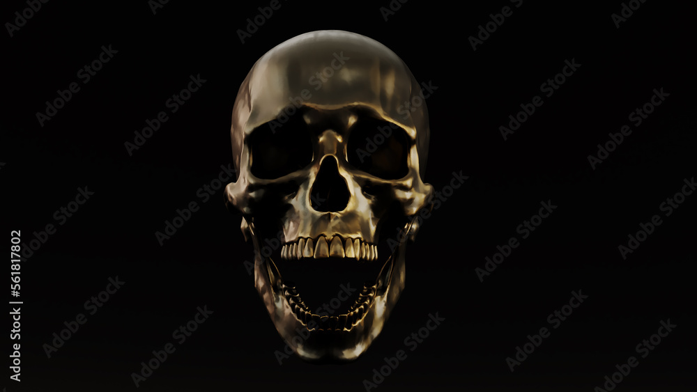 Screaming golden humen skull on dark background, 3D render
