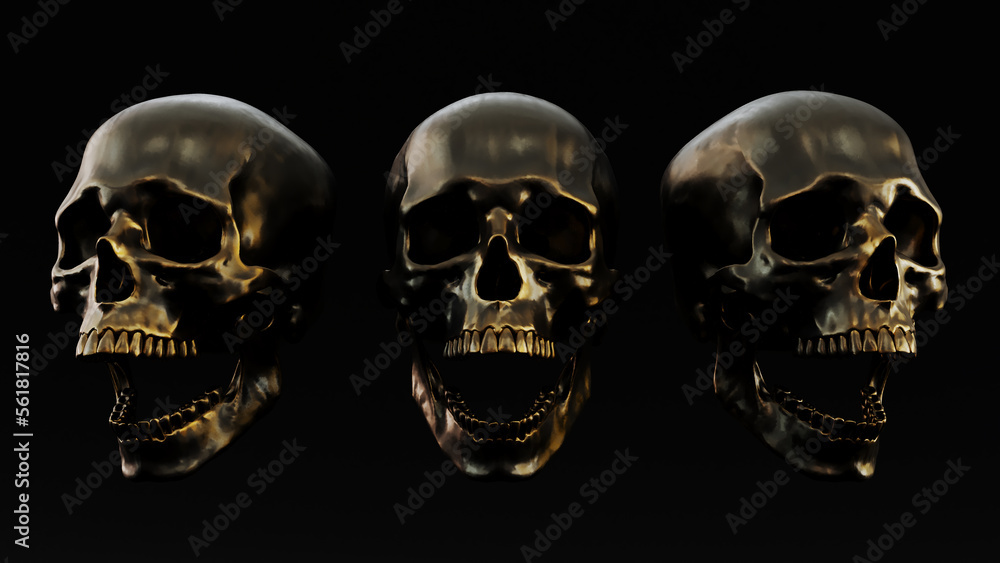 Screaming golden humen skull on dark background, 3D render