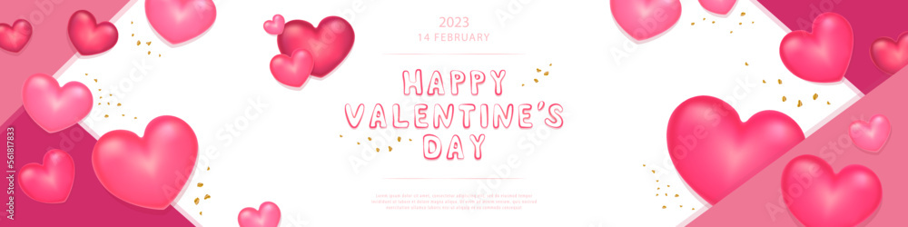 Concept banner for Valentine's Day. Pink hearts, a symbol of love, the inscription Happy Valentine's Day. Cute love banner, vector illustration