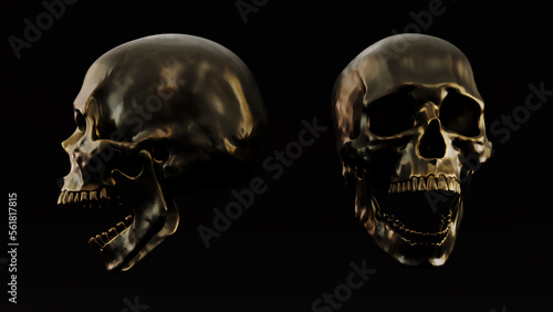 Screaming golden humen skull on dark background, 3D render photo