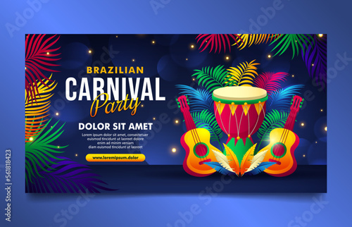 Carnival Brazilian Social media cover horizontal banner template with colorful elements and dark blue background