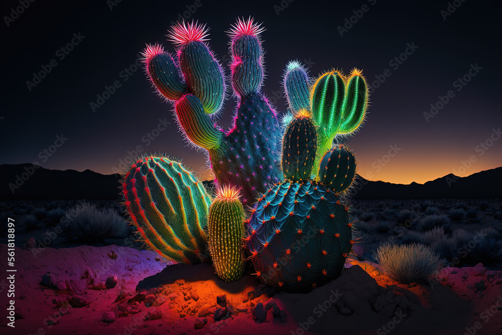 Multicolor bioluminescent neon cactus by generative AI - obrazy, fototapety, plakaty 