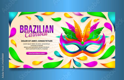 Trendy Carnival Brazilian Festival horizontal banner, social media cover with colorful mask and feathers