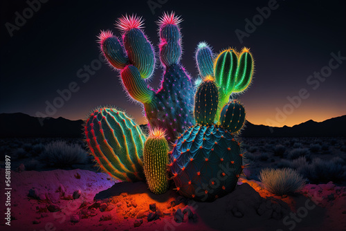 Multicolor bioluminescent neon cactus by generative AI photo