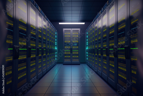 Image of a Running Data Center with Server Rack Rows. Generative AI