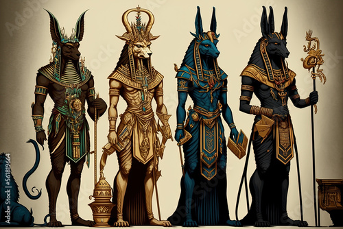 Egyptian deities including Anubis, Seth, Hathor, and Horus. Generative AI photo